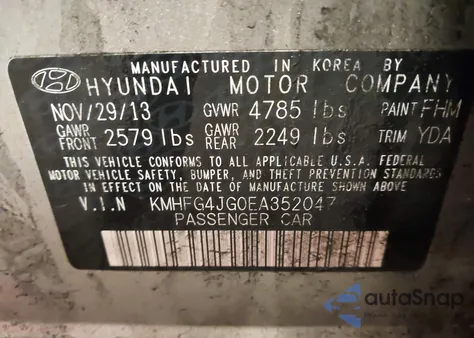 2014 Hyundai Azera z USA, uszkodzony, nr VIN KMHFG4JG0EA352047